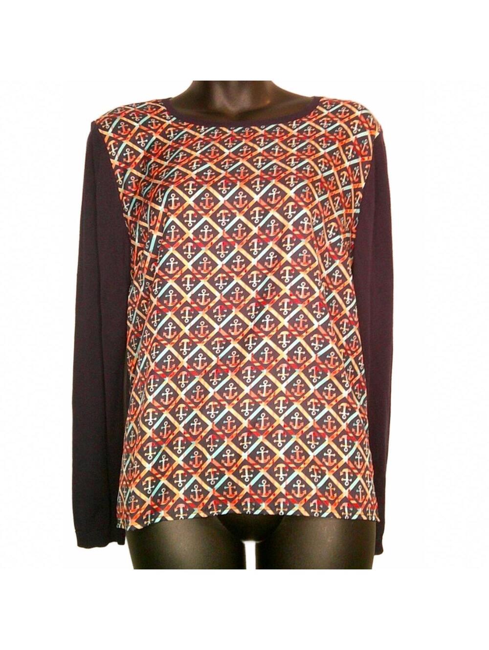 Talbots Outlet M Petite Navy Blue Long Sleeve Blouse with Anchor Print Front NEW